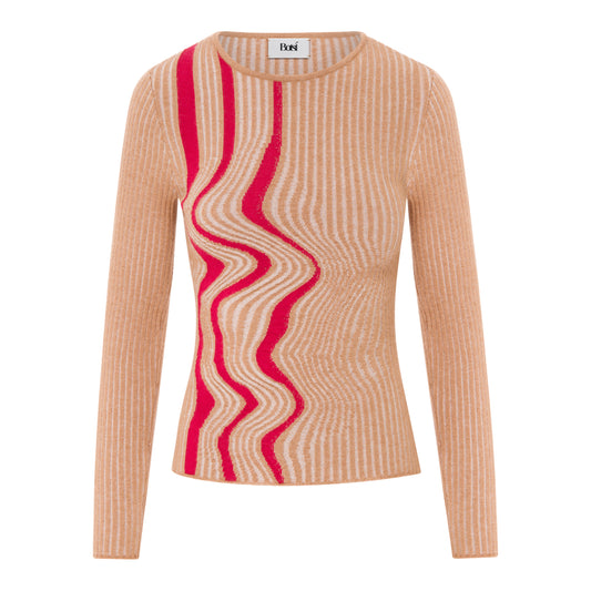 Beige Knitted Top With Red Wave Pattern